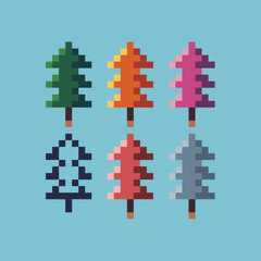 Pixel art sets of spruce tree icon with variation color item asset. Spruce icon on pixelated style. 8bits perfect for game asset or design asset element for your game design asset