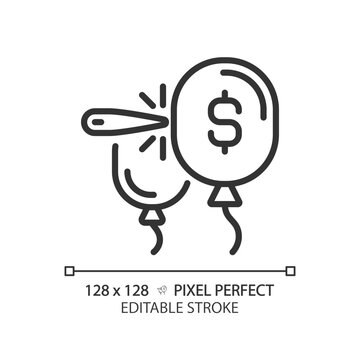 2D pixel perfect editable black bubble economy icon, isolated simple vector, thin line illustration representing economic crisis.