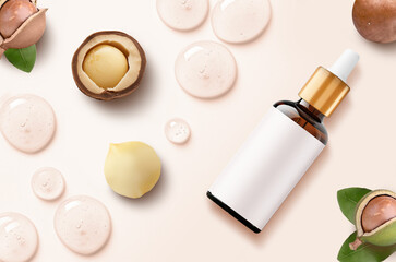 Shea butter drops of gel and serum with droplet bottle. Cleansing facial scrub, serum, shower gel or liquid soap drops.