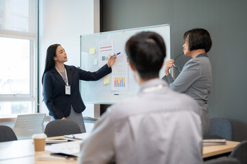 A confident Asian businesswoman is presenting her new marketing project to her team in the meeting.