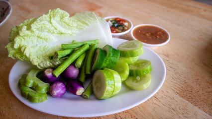 Shrimp Paste Chilli Sauce (Nam Prik Ka Pi) serve with Vegetable,Thai food - obrazy, fototapety, plakaty