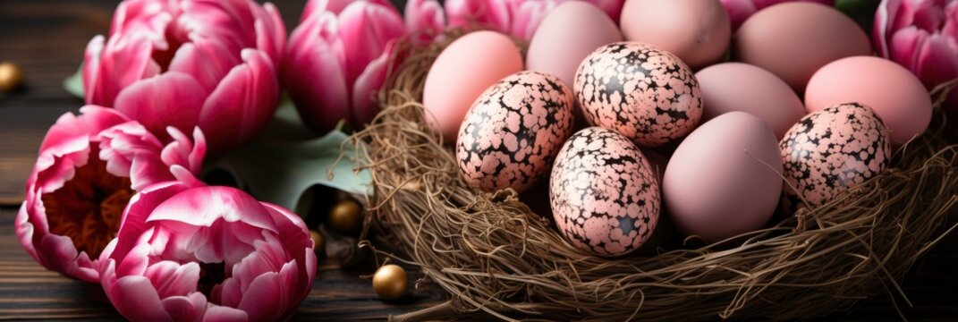 Easter Decorated Eggs Nest Pink Tulips, Banner Image For Website, Background, Desktop Wallpaper