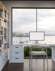 Interior design of a modern home office or private office room with a computer mockup on a desk.