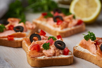 Fototapeta na wymiar Smoked salmon on crostini breads