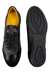 Footwear Ideas. Pair of Sporty New Leather Black Sneakers Shoes Placed Together On White Background.