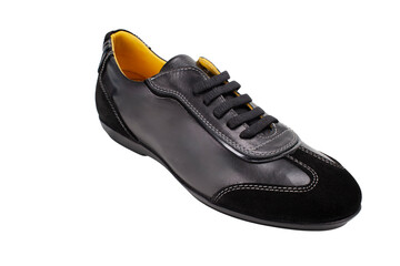 Footwear Ideas. One Isolated Sporty Leather Black Sneaker Placed On White Background.