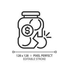 2D pixel perfect editable black broken glass jar icon, isolated simple vector, thin line illustration representing economic crisis.