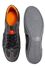 Footwear Concepts. Pair of Sporty New Leather Black Textile Sneakers Shoes Placed Together On White Background.