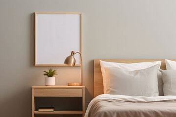 Bedroom interior with modern furniture and an frame with white poster in mockup style. Empty frame on bedroom wall. Template for the design.