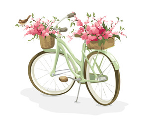 Fototapeta na wymiar Retro bike with two baskets of flowers. Postcard with blossoming cherry or apple tree branches and little bird, congratulations on the spring holidays.
