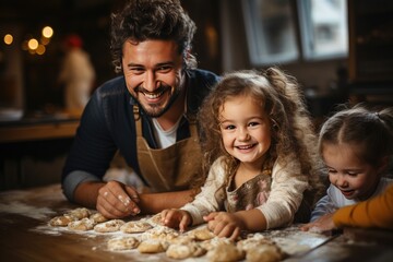Happy smiling father and daughters baking in the kitchen and having fun
