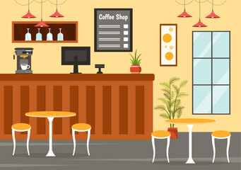 Fototapeta premium Coffee Shop Vector Illustration with Interior and Furniture Suitable for Poster or Advertisement in Flat Cartoon Background Design