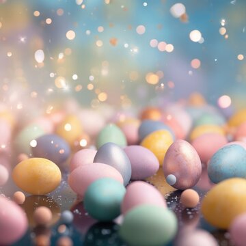 A colorful spring background with pastel-colored Easter eggs scattered throughout the image