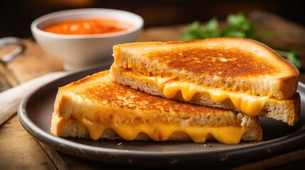 A delicious photo of a cheesy grilled cheese sandwich