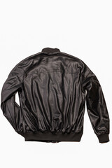 Fashion Ideas. Back View of Mens Leather Dotted Black Jacket Isolated on White Background.