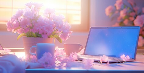 a desk is filled with flowers sitting next to a computer,