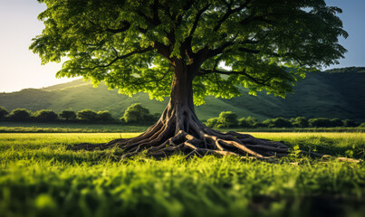 Majestic solitary tree standing tall with intricate root system and lush green canopy in a serene meadow, illuminated by soft backlight - obrazy, fototapety, plakaty