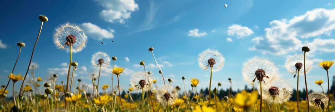 Field Yellow Dandelions Against Blue Sky, Banner Image For Website, Background, Desktop Wallpaper