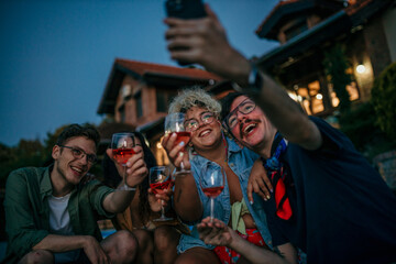 Relaxed evening with a multiethnic group – phone, wine, and friendship