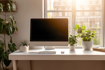 Fototapeta premium Mockup laptop withplain screen on work space background. Copy space for advertisement. 