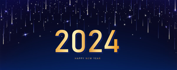 Happy new year and numbers 2024 background. Shimmering golden particles on a dark blue background. Abstract holiday background