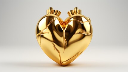 Golden glossy heart 3D background. Gold realistic metal heart. Happy Valentine's Day, love, wedding concept. Romantic Symbol of Love. Illustration greeting card, flyer, poster, decor, banner, web.