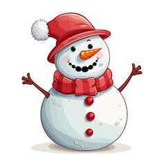 vector snowman in a red santa hat and in a red scarf without background for christmas postcards cartoon character style
