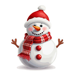 vector snowman in a red santa hat and in a red scarf without background for christmas postcards cartoon character style