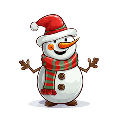 vector snowman in a red santa hat and in a red scarf without background for christmas postcards cartoon character style