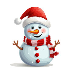 vector snowman in a red santa hat and in a red scarf without background for christmas postcards cartoon character style