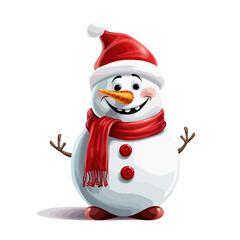 vector snowman in a red santa hat and in a red scarf without background for christmas postcards cartoon character style