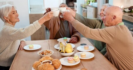 Tea party, elderly friends and toast with people in a retirement home together for bonding in the morning. Smile, cheers and group of happy seniors in the living room of an apartment for celebration