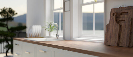 Side view image of a space on a wooden kitchen countertop in a modern, minimalist white kitchen.