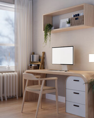 A beautiful Scandinavian home office workspace with an empty desktop PC computer on a wooden desk.