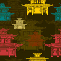 Editable Flat Monochrome Style Three Roofs Traditional Chinese Building Vector Illustration in Various Colors as Seamless Pattern With Dark Background for Oriental History and Culture Related Design