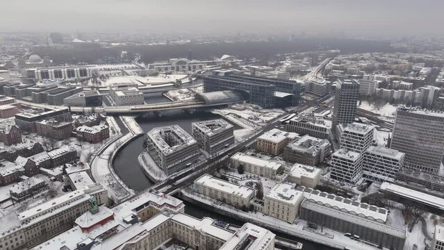 Berlin Central Rail Way Station at Winter from Above. Capital of Germany, Aerial winter cityscape of Berlin Hauptbahnhof