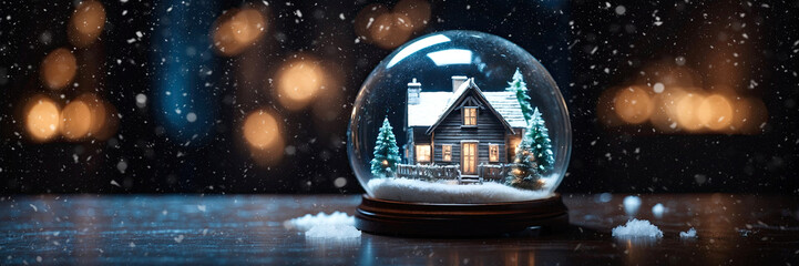 Magical glass ball with tiny modern cozy winter house inside on festive Christmas background. Gift dream for New Year. Insurance, moving, mortgage, rent and purchase real estate - obrazy, fototapety, plakaty