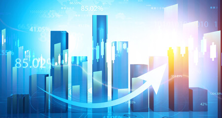 Fototapeta premium Business graphs and icons shows stock market growth. 3d illustration.
