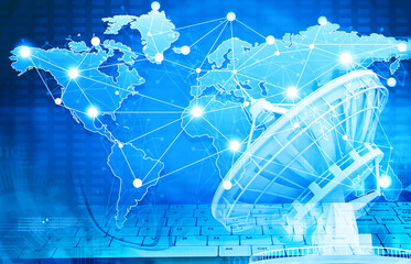 Global communication network. Satellite dish antenna with business network. 3d illustration.