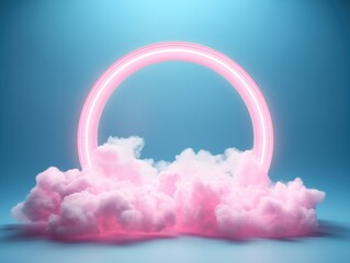 Neon circular frame with pink clouds. Fantasy copy space background. Ai generated image