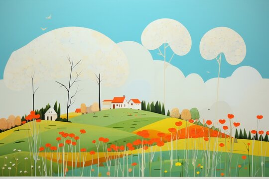 spring season flat design illustration, spring landscape