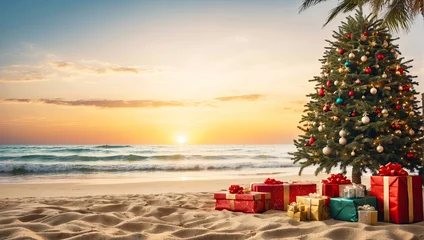 Fotobehang glowing Christmas tree with gift boxes on the ocean with palm trees. A tourist trip for Christmas and New Year to tropical countries, a vacation at the sea. Copy space. © Ольга Симонова