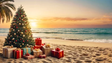 Fotobehang glowing Christmas tree with gift boxes on the ocean with palm trees. A tourist trip for Christmas and New Year to tropical countries, a vacation at the sea. Copy space. © Ольга Симонова