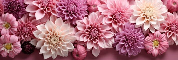 Dahlia Flowers On Pink Pastel Background, Banner Image For Website, Background, Desktop Wallpaper