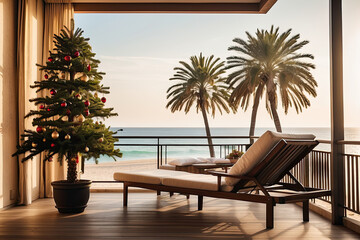 Fototapeta premium A Christmas tree is decorated on the balcony of a hotel with sun beds by the sea on vacation in a tropical country with palm trees at sunset. Travel for Christmas and New Year, tour to the resort