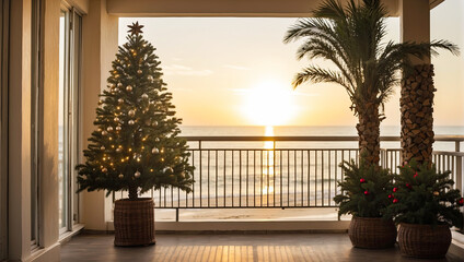 A Christmas tree is decorated on the hotel by the sea view on vacation in a tropical country with palm trees at sunset. Travel for Christmas and New Year, tour to the resort