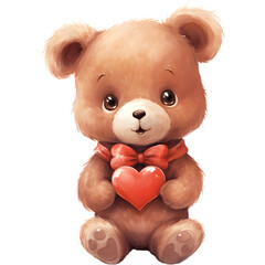 watercolor teddy bear with heart valentine day.