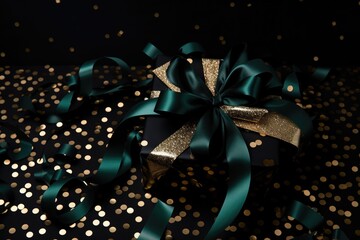 a gold ribbon wrapped black present on a black background