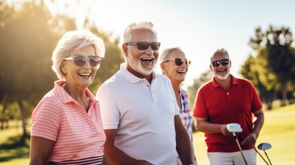 A group of friends in their 60s and 70s play a game of golf on a sunny day - obrazy, fototapety, plakaty