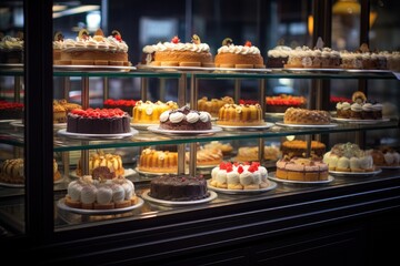 a long display of cakes in a glass cabinet